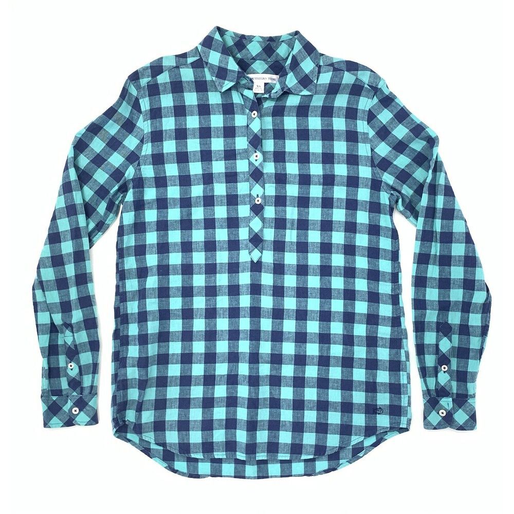Southern Tide Turquoise Blue Check Linen Blend V neck Women's‎ Shirt Size XS